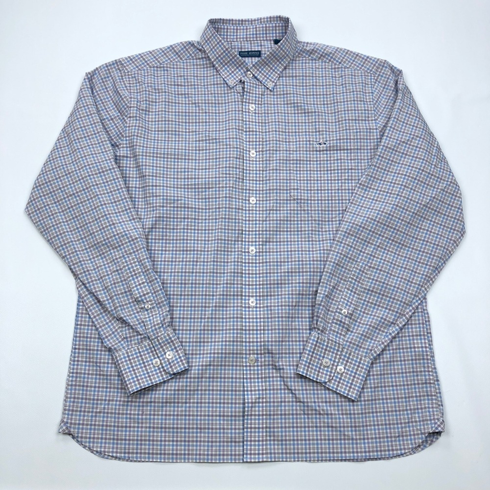 Fish Hippie Mens XL Blue Purple Plaid Performance Button Down Shirt Flatwater